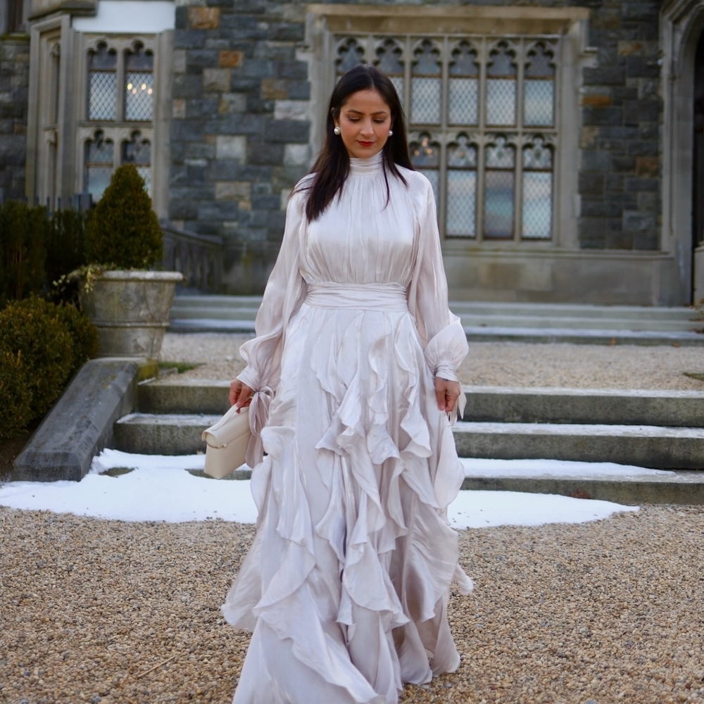 Estella Puff Sleeve Ruffle Trim Maxi Dress Chic White Ruffled Maxi Dress - Picture 3 of 3